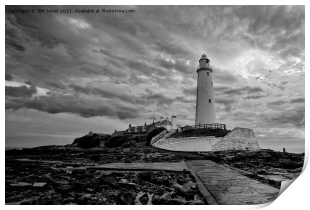 St. Mary's Island and Lighthouse in Monochrome Print by Jim Jones