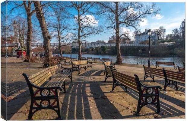 Benches by the River Dee Chester Canvas Print by Jonathon barnett
