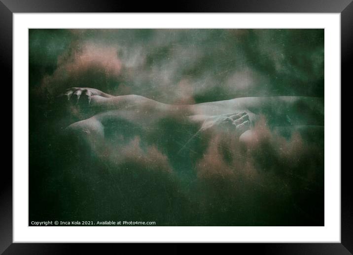 Reclining nude in a cloudscape - distressed green  Framed Mounted Print by Inca Kala