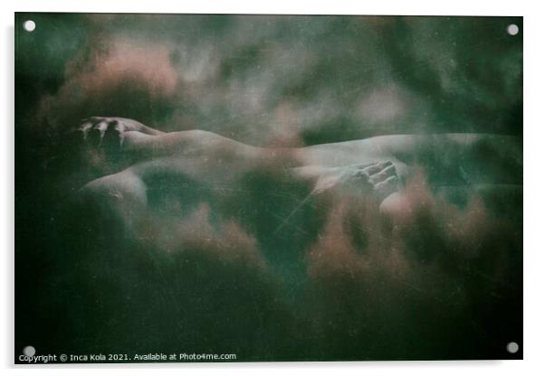 Reclining nude in a cloudscape - distressed green  Acrylic by Inca Kala