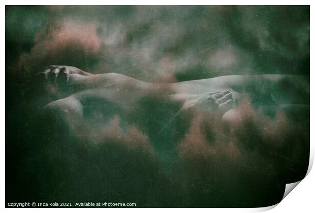 Reclining nude in a cloudscape - distressed green  Print by Inca Kala