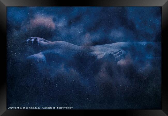 Reclining nude in a cloudscape - deep blue space Framed Print by Inca Kala