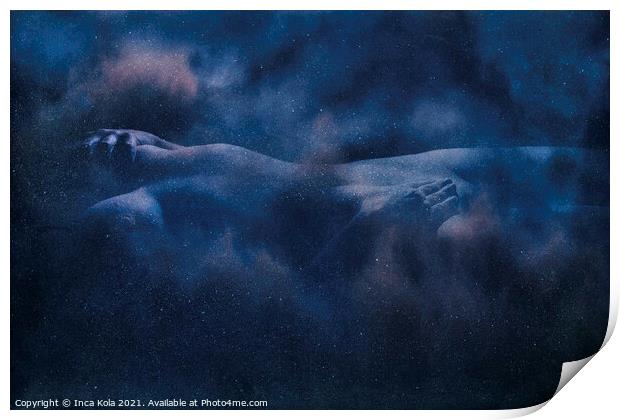 Reclining nude in a cloudscape - deep blue space Print by Inca Kala