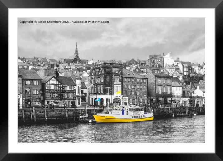Whitby Harbour Yellow boat, North Yorkshire Coast  Framed Mounted Print by Alison Chambers
