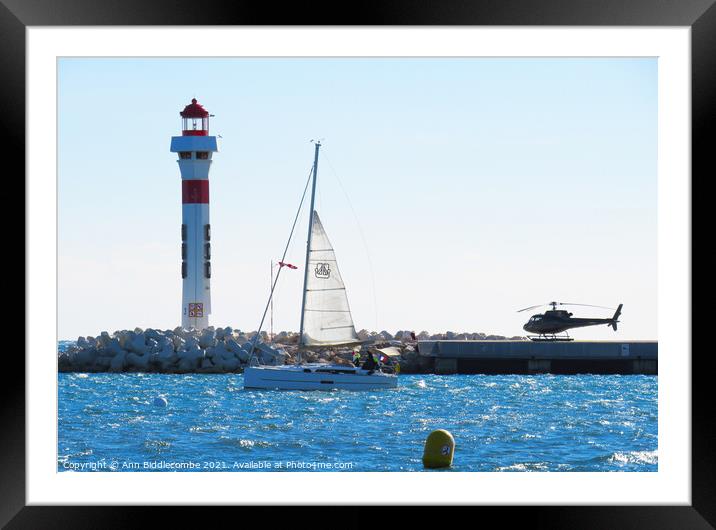 Lighthouse, Yacht and Helicopter in Cannes Framed Mounted Print by Ann Biddlecombe