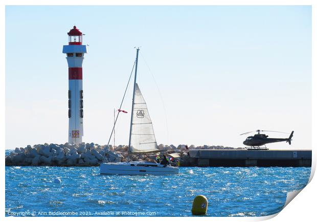 Lighthouse, Yacht and Helicopter in Cannes Print by Ann Biddlecombe