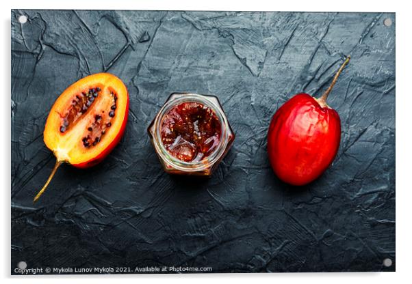 Jar of tamarillo jam. Acrylic by Mykola Lunov Mykola