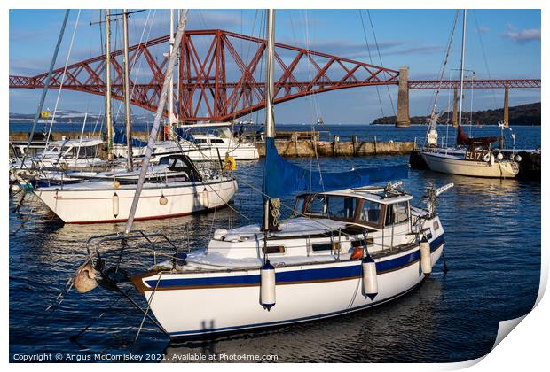 Yachts moored in South Queensferry harbour Print by Angus McComiskey