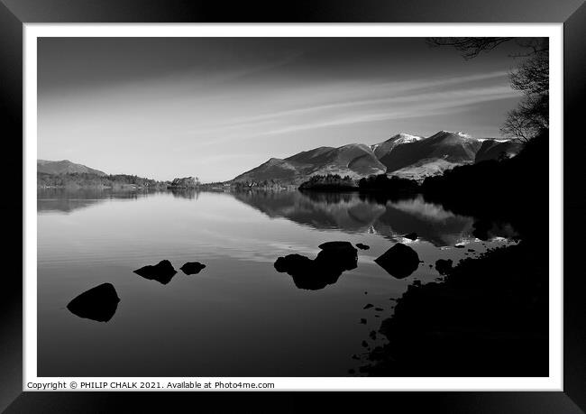 Derwent water looking towards Keswick  in monochrome (black and white)  Framed Print by PHILIP CHALK