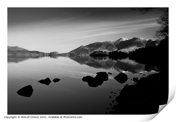 Derwent water looking towards Keswick  in monochrome (black and white)  Print by PHILIP CHALK