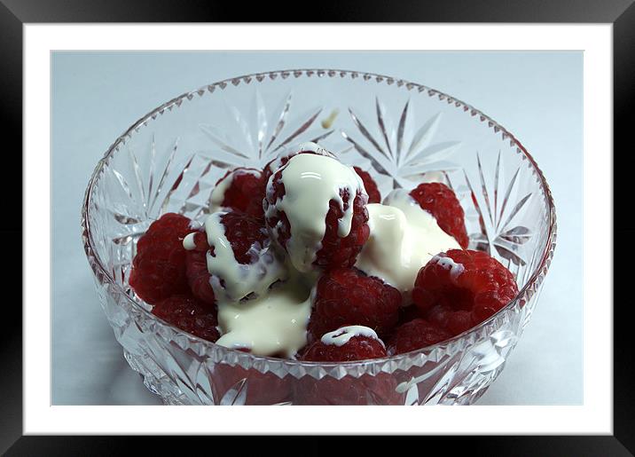 Bowl of Raspberries and cream Framed Mounted Print by Chris Day