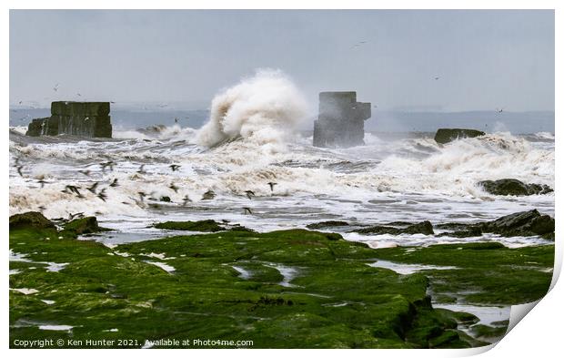 Old Sea Wall Braving Towering Wave  Print by Ken Hunter