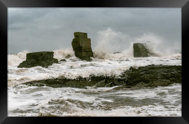 Storm Waves Smash Old Sea Wall at Kirkcaldy Framed Print by Ken Hunter