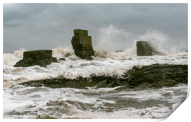Storm Waves Smash Old Sea Wall at Kirkcaldy Print by Ken Hunter