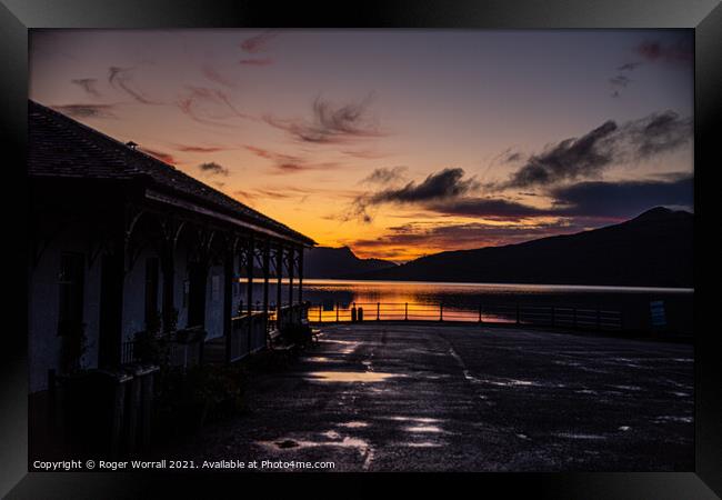 Pier Cafe Sunrise, Loch Katrine Framed Print by Roger Worrall