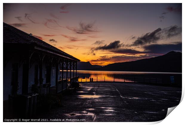 Pier Cafe Sunrise, Loch Katrine Print by Roger Worrall