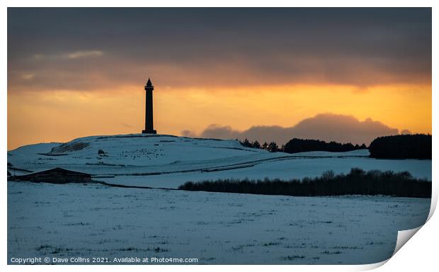 Wellington Monument in the Scottish Borders in winter snow at dusk Print by Dave Collins