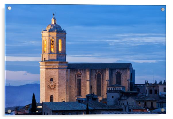 Girona Cathedral at Dusk in Spain Acrylic by Artur Bogacki