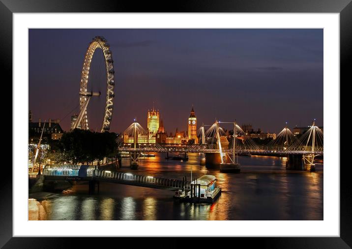 River Thames at night looking towards big ben and houses of parliament  Framed Mounted Print by tim miller