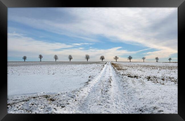 Tranquil winter landscape with trees at the horizon Framed Print by Lensw0rld 