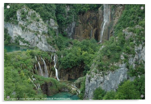 Waterfalls at Plitvicka Lakes, Croatia dwarf the visitors Acrylic by David Mather