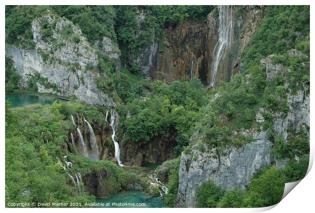 Waterfalls at Plitvicka Lakes, Croatia dwarf the visitors Print by David Mather