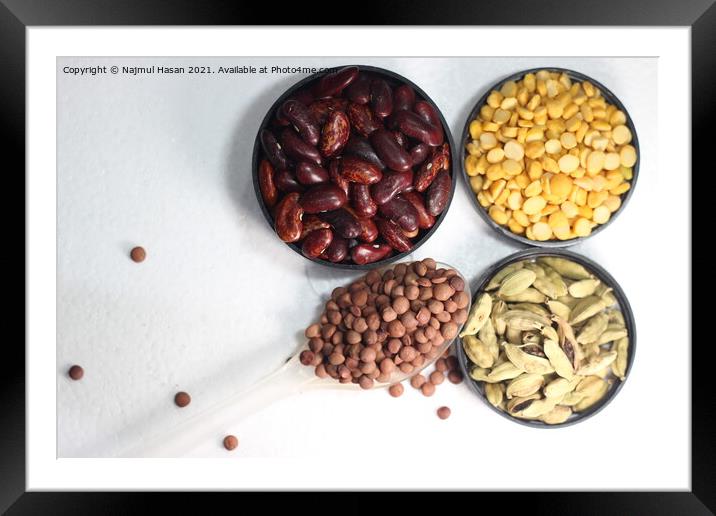 Cereals and spices on white background with copy space Framed Mounted Print by Photo Chowk