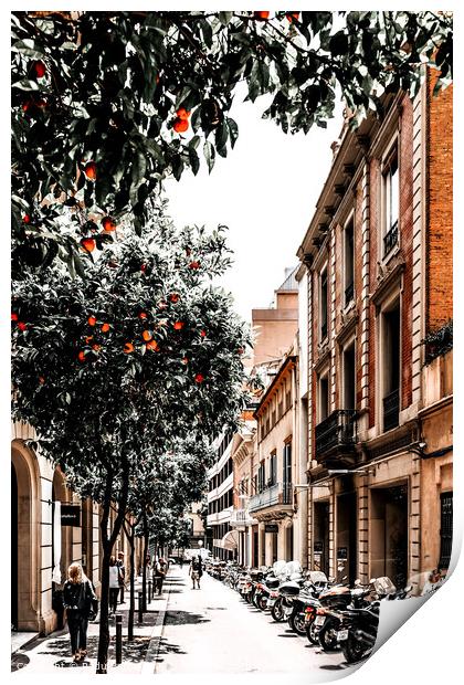 Barcelona City Street Print, Orange Fruit Trees Print Print by Radu Bercan