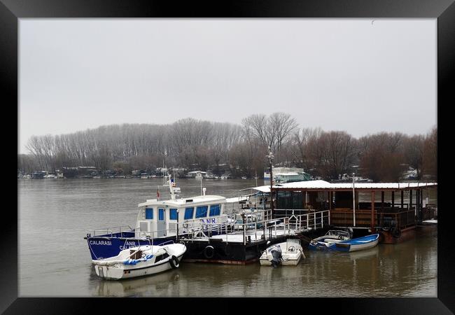 Boats anchored in winter on the Borcea arm  Framed Print by liviu iordache