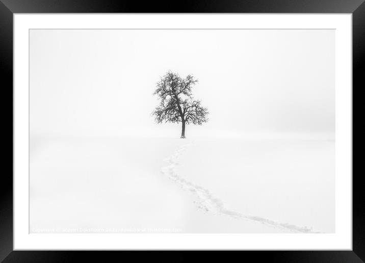 A lonely tree in the snow - Minimalism Landscape Framed Mounted Print by Steven Dijkshoorn