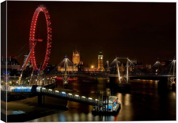 London eye and millennium pier at night Canvas Print by tim miller