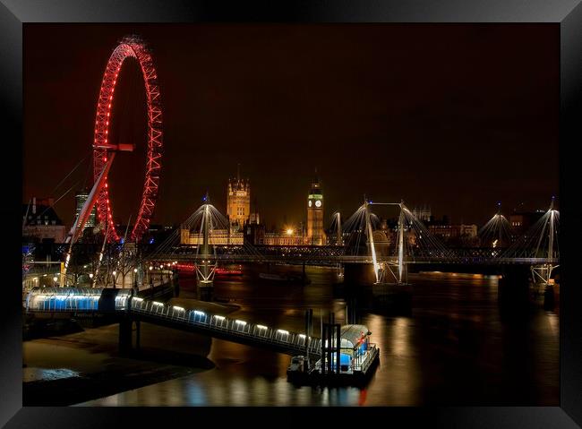 London eye and millennium pier at night Framed Print by tim miller