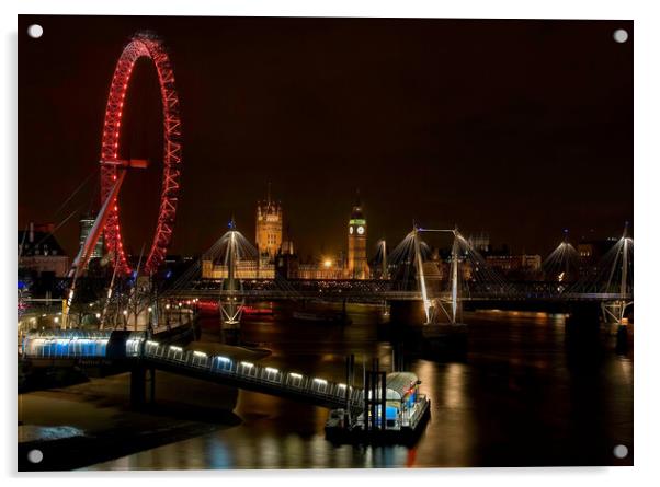 London eye and millennium pier at night Acrylic by tim miller