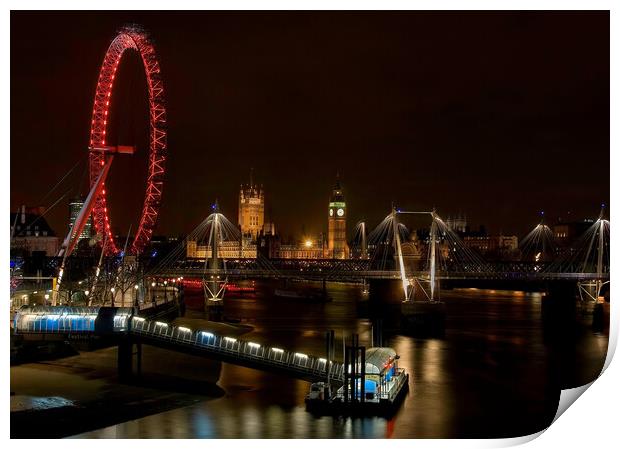 London eye and millennium pier at night Print by tim miller