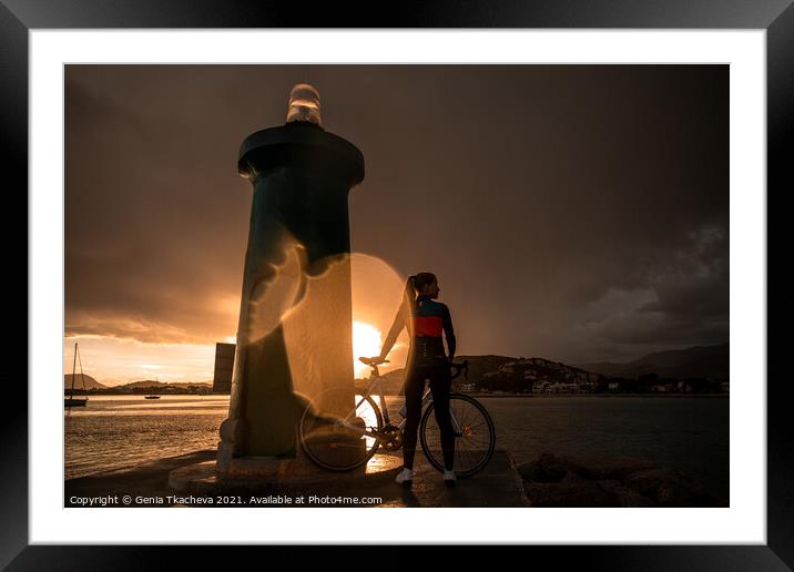 Riding a bicycle through Mallorcan storm Framed Mounted Print by Genia Tkacheva