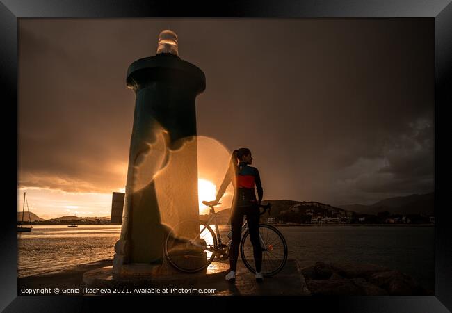Riding a bicycle through Mallorcan storm Framed Print by Genia Tkacheva