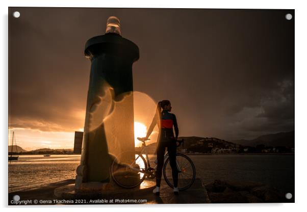Riding a bicycle through Mallorcan storm Acrylic by Genia Tkacheva