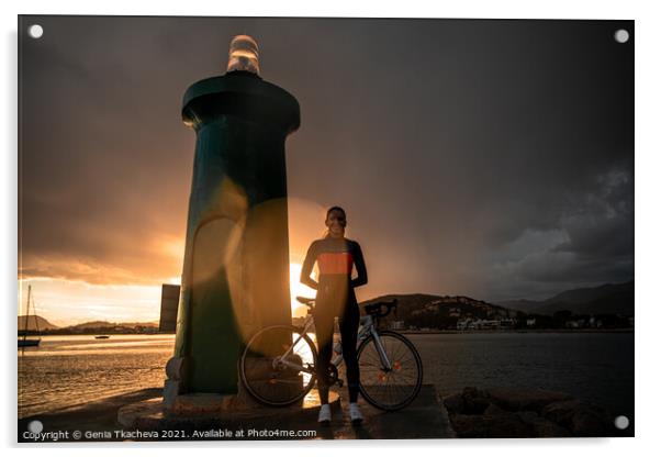 Cycling through Mallorcan storm Acrylic by Genia Tkacheva