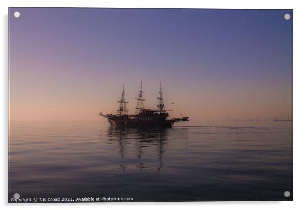 Ship on calm sea in Thessaloniki, Greece. Acrylic by Nic Croad