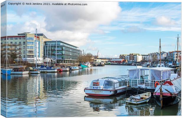 Bristol Floating Harbour with Moored Boats  Canvas Print by Nick Jenkins