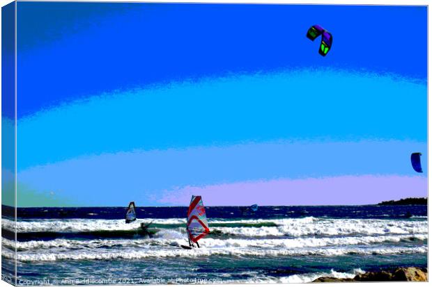 Posterized Windsurfers and Kite surfers  at Palm B Canvas Print by Ann Biddlecombe