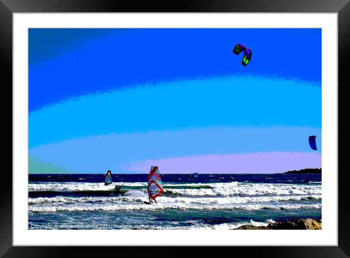 Posterized Windsurfers and Kite surfers  at Palm B Framed Mounted Print by Ann Biddlecombe