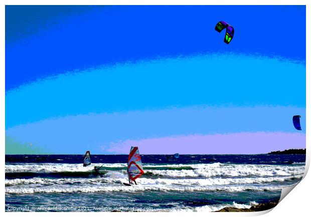Posterized Windsurfers and Kite surfers  at Palm B Print by Ann Biddlecombe