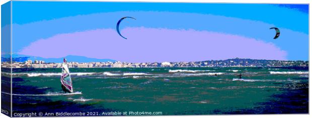 Posterized Windsurfers and Kite surfers  in Cannes Canvas Print by Ann Biddlecombe