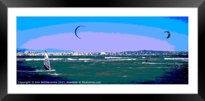 Posterized Windsurfers and Kite surfers  in Cannes Framed Mounted Print by Ann Biddlecombe