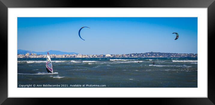  Windsurfers and Kite surfers  in Cannes Framed Mounted Print by Ann Biddlecombe