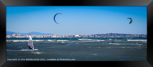  Windsurfers and Kite surfers  in Cannes Framed Print by Ann Biddlecombe