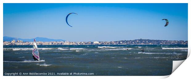  Windsurfers and Kite surfers  in Cannes Print by Ann Biddlecombe