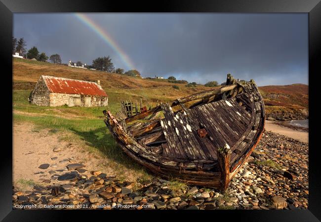 Talmine Beach Reaper Boat Wreck and Rainbow  Framed Print by Barbara Jones