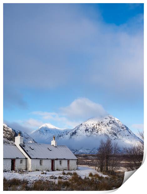 Black Rock Cottage and Buachaille Etive Mor. Print by Tommy Dickson